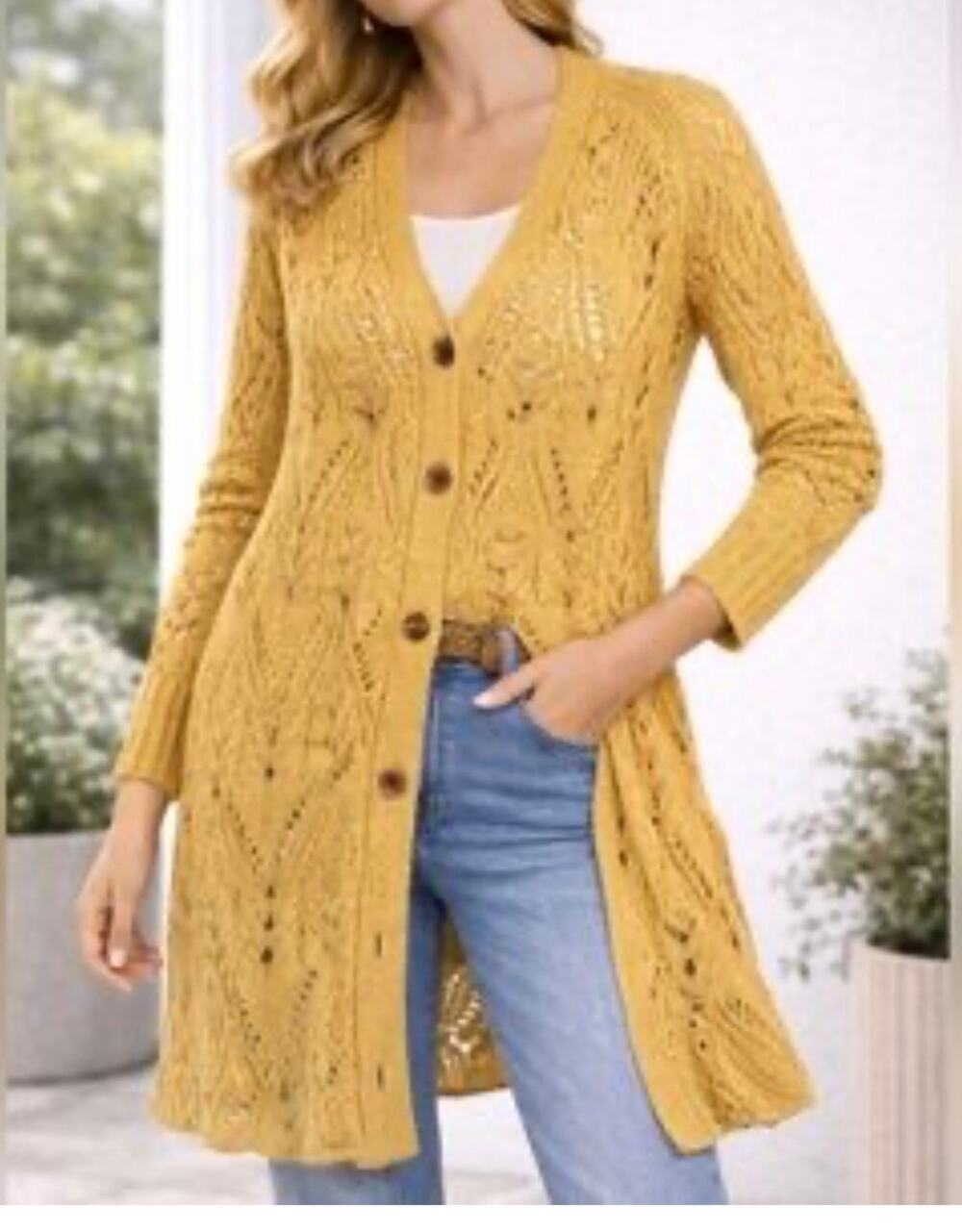 Sundance Autumn Light Silk Blend Pointelle Duster Cardigan Mustard Longline M
